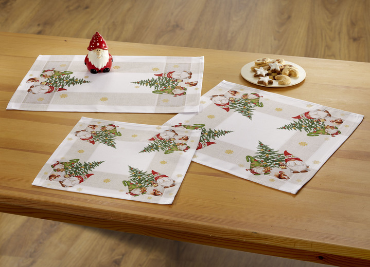 Tischdecken - Tischdecke mit weihnachtlichem Wichtel-Dessin, in Größe 101 (Deckchen, 35x 50 cm) bis 404 (Kissenbezug, 40x 40 cm), in Farbe NATUR-BUNT Ansicht 1