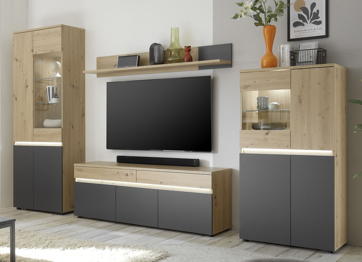 - Möbelprogramm mit hochwertigen MDF-Fronten und Softclose, in Farbe ARTISAN EICHE-ANTHRAZIT, in Ausführung Highboard mit LED-Beleuchtung Ansicht 3