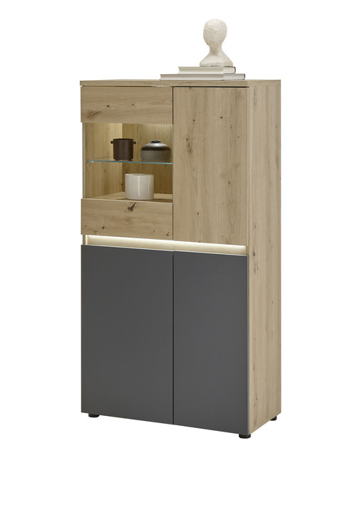 - Möbelprogramm mit hochwertigen MDF-Fronten und Softclose, in Farbe ARTISAN EICHE-ANTHRAZIT, in Ausführung Highboard mit LED-Beleuchtung Ansicht 1