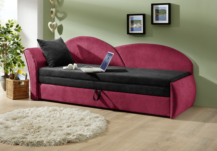 Schlafsofas - Schlafsofa mit Bettkasten und 1 Dekokissen, in Farbe SCHWARZ-ROT, in Ausführung Armlehne rechts Ansicht 7