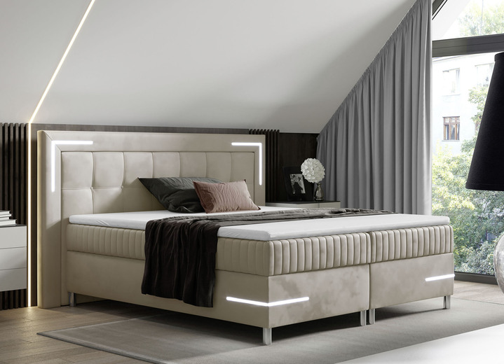 Betten - Boxspringbett mit LED-Beleuchtung und Topper, in Farbe CREME Ansicht 1