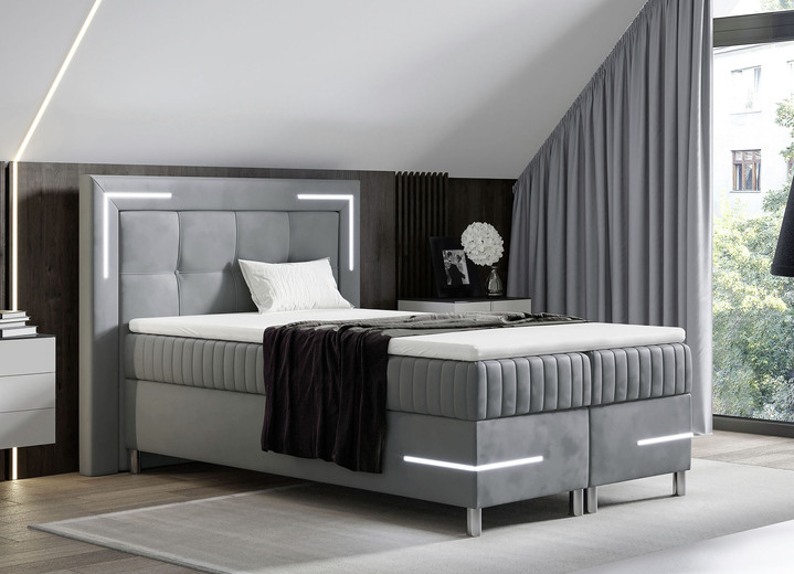 Betten - Boxspringbett mit LED-Beleuchtung und Topper, in Farbe SILBER Ansicht 1