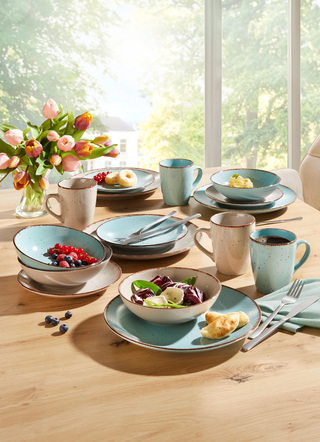 Gläser & Geschirr - Kombi-Service, 16-teilig, aus Feinsteinzeug im Natur-Look, in Farbe BEIGE-TÜRKIS – Farbe BEIGE-TÜRKIS – Ansicht 
