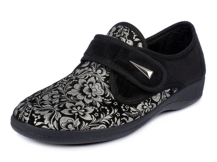 Komfortschuhe - Damen Klett-Halbschuh im Blüten-Design, in Größe 036 bis 042, in Farbe SCHWARZ Ansicht 1