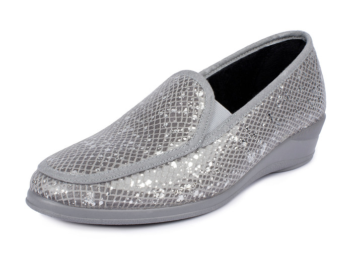 Halbschuhe - Mokassin in eleganter Kroko-Optik, in Größe 036 bis 042, in Farbe GRAU Ansicht 1