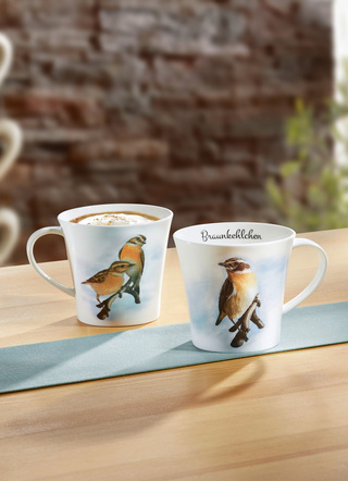 Geschenkideen - Henkelbecher mit Braunkehlchen-Motiv, in Farbe BUNT