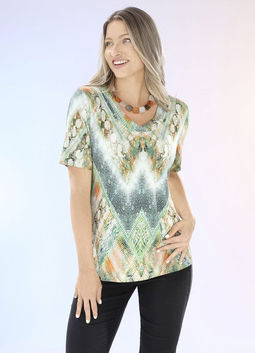 Shirts - Shirt mit V-Ausschnitt, in Größe 036 bis 052, in Farbe GRÜN-LILA-BUNT Ansicht 3