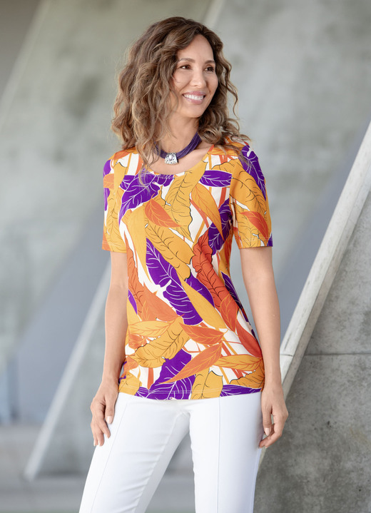 Damenmode - Shirt mit hübschem Druck, in Größe 036 bis 052, in Farbe ORANGE-LILA-BEIGE Ansicht 1