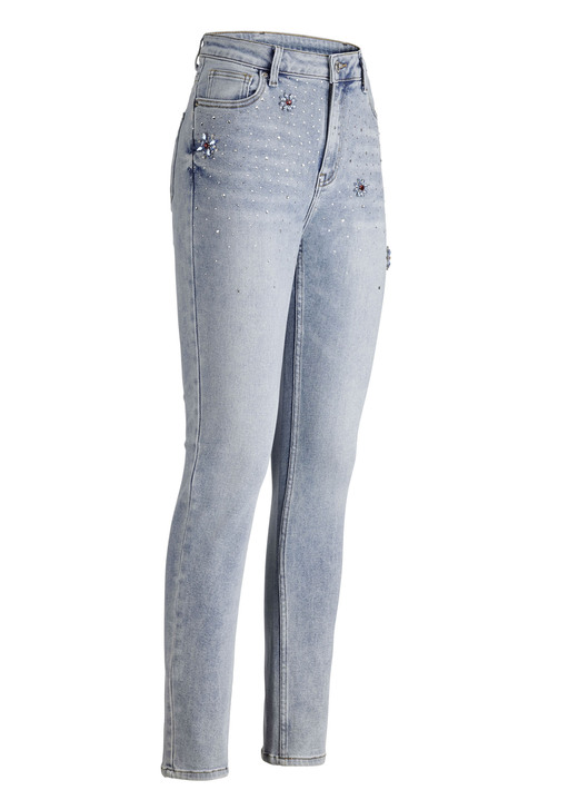 Damenmode - Jeans mit Strasszier und glänzenden Blütenmotiven, in Größe 017 bis 050, in Farbe HELLBLAU Ansicht 1