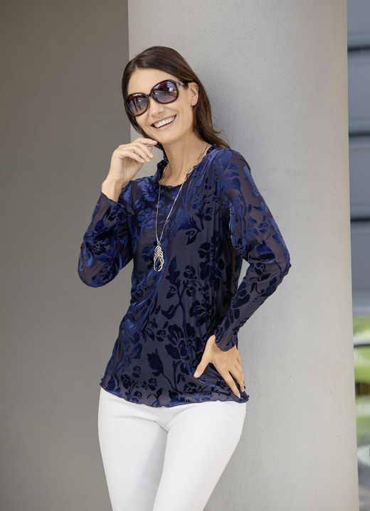 Anlassblusen - Shirt-Tunika mit Volant-Besatz Ansicht 2 Anlassblusen - Shirt-Tunika mit Volant-Besatz, in Größe 036 bis 052, in Farbe MARINE Ansicht 2