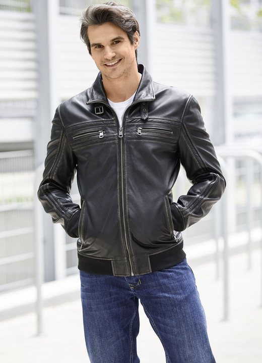 - Lederblouson mit Steh-Umlegekragen, in Größe 046 bis 064, in Farbe ANTIK SCHWARZ Ansicht 2