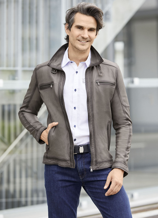 Ledermode - Lederkurzjacke mit Steh-Umlegekragen, in Größe 046 bis 062, in Farbe ANTIKGRAU Ansicht 1