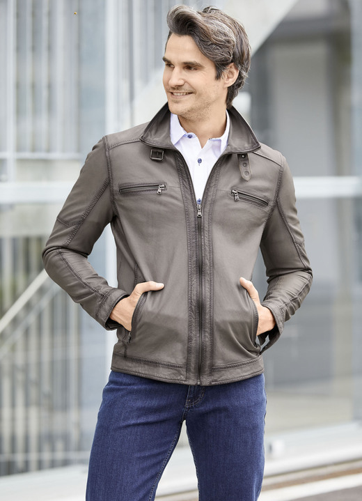 Ledermode - Lederkurzjacke mit Steh-Umlegekragen Ansicht 2 Ledermode - Lederkurzjacke mit Steh-Umlegekragen, in Größe 046 bis 062, in Farbe ANTIKGRAU Ansicht 2