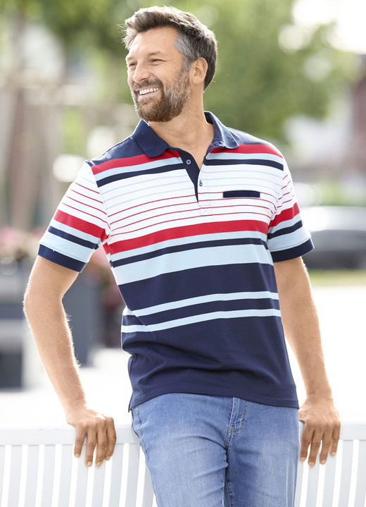 Hemden, Pullover & Shirts - Poloshirt mit Brusttasche, in Größe 046 bis 062, in Farbe MARINE-WEISS-ROT