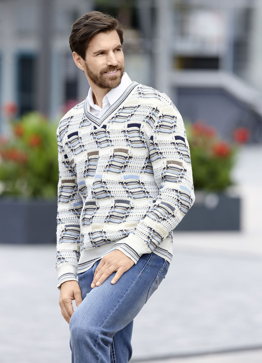 SALE % - Modischer V-Pullover mit Intarsienmuster Ansicht 2 SALE % - Modischer V-Pullover mit Intarsienmuster, in Größe 046 bis 062, in Farbe ECRU-BEIGE-MARINE Ansicht 2