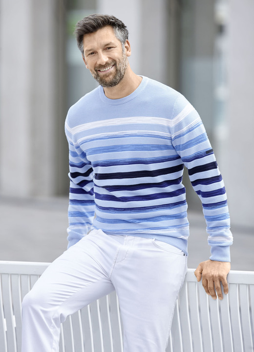 Hemden, Pullover & Shirts - Gestreifter Rundhalspullover mit Strukturdessin, in Größe 3XL(64/66) bis XXL(60/62), in Farbe BLEU-MARINE-ECRU Ansicht 2