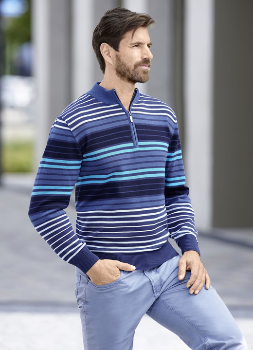 Hemden, Pullover & Shirts - Gestreifter Troyer mit kurzem Reißverschluss, in Größe 046 bis 062, in Farbe MARINE-TÜRKIS Ansicht 1