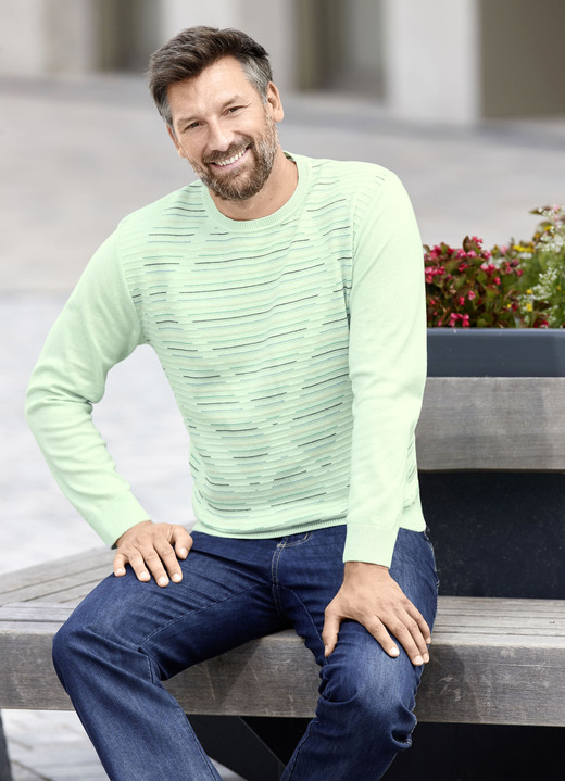 Hemden, Pullover & Shirts - Rundhalspullover mit Strukturdessin in 3 Farben, in Größe 046 bis 062, in Farbe LIMETTE MELIERT Ansicht 1