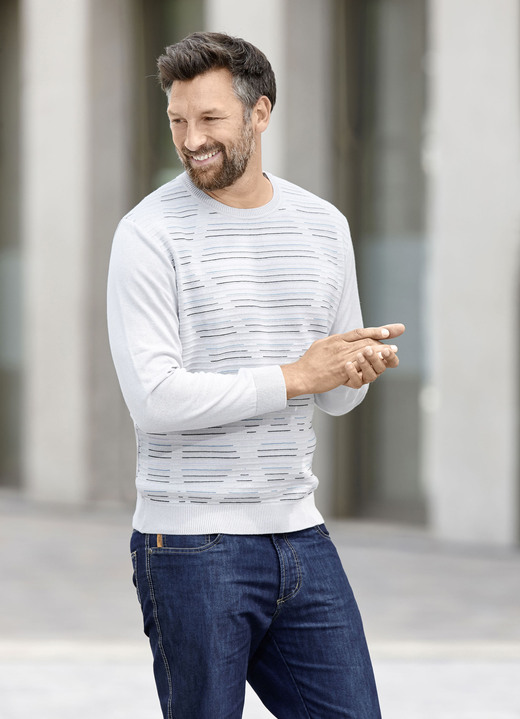 Hemden, Pullover & Shirts - Rundhalspullover mit Strukturdessin in 3 Farben, in Größe 046 bis 062, in Farbe KIESEL MELIERT