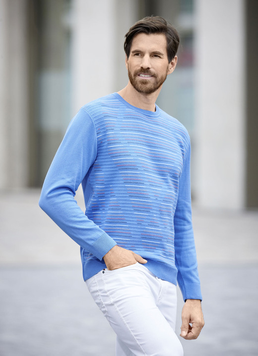 Hemden, Pullover & Shirts - Rundhalspullover mit Strukturdessin in 3 Farben, in Größe 046 bis 062, in Farbe HELLBLAU MELIERT Ansicht 1
