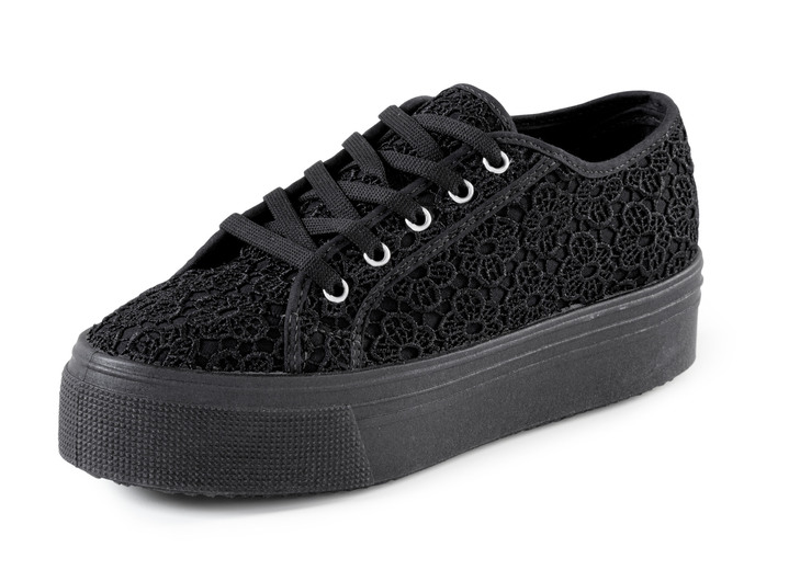 Slipper & Schnürschuhe - Schnürschuh mit Blüten-Stickerei in Spitzenoptik, in Größe 036 bis 041, in Farbe SCHWARZ Ansicht 1