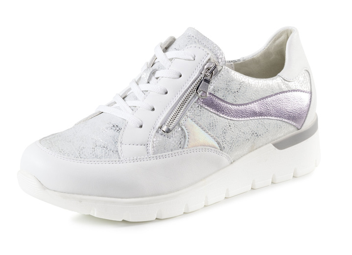 - Waldläufer Schnür-Sneaker mit Metallic-Prägung, in Größe 3 1/2 bis 8, in Farbe WEISS-EISGRAU-FLIEDER Ansicht 1