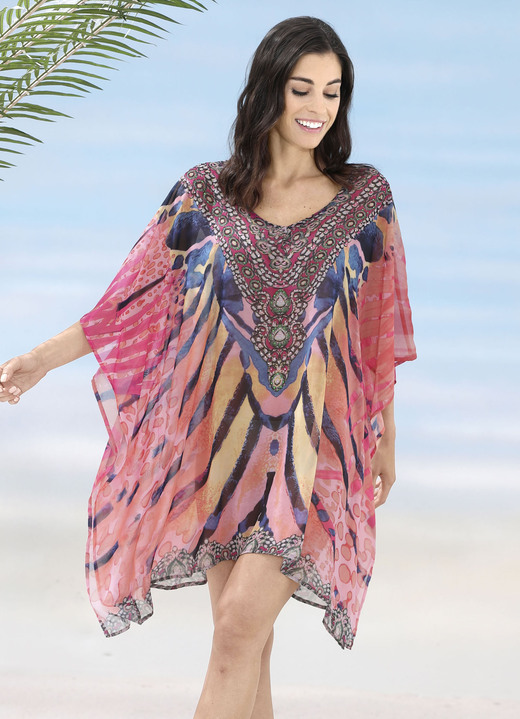 Strandmode - Laurina Tunika mit Schmucksteinchen, leicht transparent, in Größe 1 (36-42) bis 3 (50-54), in Farbe KORALLE-BUNT Ansicht 1