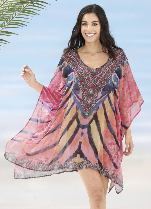 Strandmode - Laurina Tunika mit Schmucksteinchen, leicht transparent Ansicht 2 Strandmode - Laurina Tunika mit Schmucksteinchen, leicht transparent, in Größe 1 (36-42) bis 3 (50-54), in Farbe KORALLE-BUNT Ansicht 2