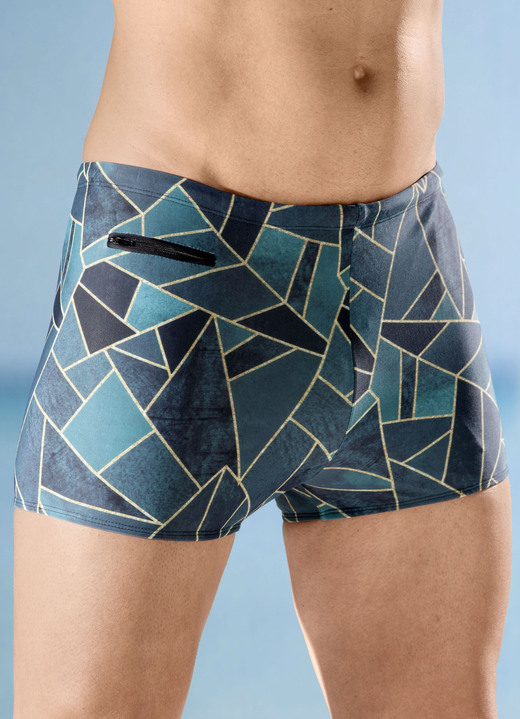 Bademode - Badehose in höherer Kastenform mit Reißverschlusstasche, in Größe 004 bis 013, in Farbe DUNKELGRÜN-BUNT