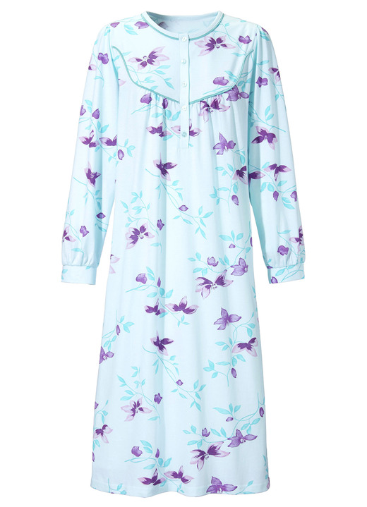 Nachthemden - Nachthemd, lange Knopfleiste und knöpfbare Bündchenabschlüssen, in Größe 038 bis 060, in Farbe AQUA-PFLAUME-BUNT Ansicht 2