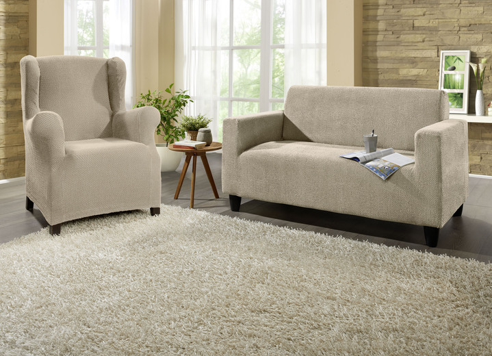 Sessel- & Sofaüberwürfe - Multi-elastische Stretchbezüge, in Größe 101 (Sesselbezug) bis 113 (Ohrensessel-Bezug), in Farbe BEIGE Ansicht 13