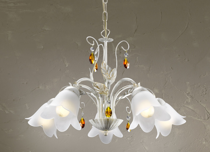 Lampen & Leuchten - Pendelleuchte mit Gestell aus Eisen und Glaslampenschirmen, in Farbe CREME-GOLD