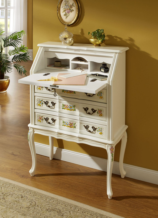 Büromöbel - Teilmassive Möbelserie mit kunstvollen Holzverzierungen, in Farbe WEISS, in Ausführung Kommode, 1-türig Ansicht 2