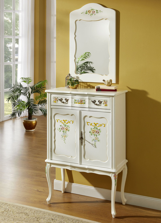 Büromöbel - Teilmassive Möbelserie mit kunstvollen Holzverzierungen, in Farbe WEISS, in Ausführung Kommode, 1-türig Ansicht 5