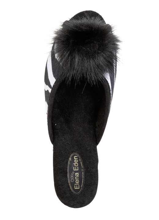 Hausschuhe - ELENA EDEN, schicke Damen-Pantoletten, Weite G, mit Kunstfellpompon, in Größe 036 bis 042, in Farbe SCHWARZ-WEISS Ansicht 2