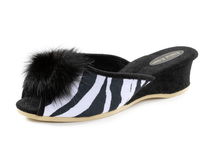 Hausschuhe - ELENA EDEN, schicke Damen-Pantoletten, Weite G, mit Kunstfellpompon, in Größe 036 bis 042, in Farbe SCHWARZ-WEISS Ansicht 1