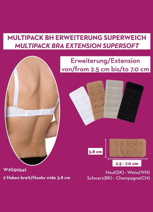 Bügel-BH - Miss Perfect Wow 2 Go Viererpack BH-Verlängerungen, in Farbe 1X WEISS, 1X SEKT, 1X PUDER, 1X SCHWARZ, in Ausführung 2 Haken (3,8 cm breit) Ansicht 2