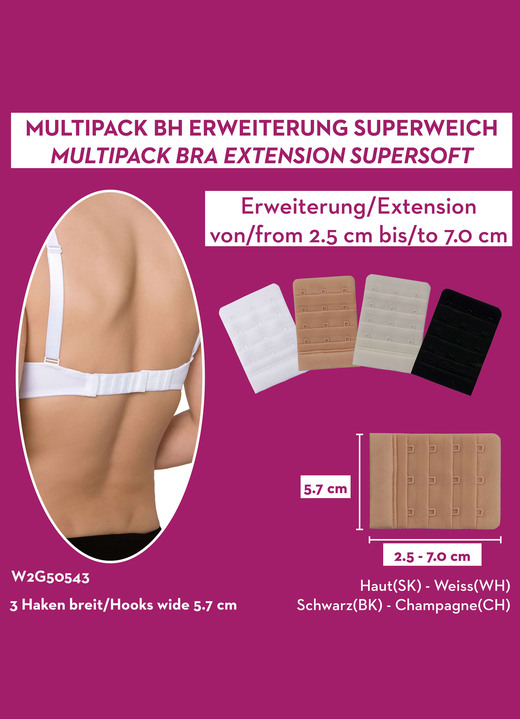 Bügel-BH - Miss Perfect  Wow 2 Go Viererpack BH-Verlängerungen, in Farbe 1X WEISS, 1X SEKT, 1X PUDER, 1X SCHWARZ, in Ausführung 3 Haken (5,7 cm breit) Ansicht 2