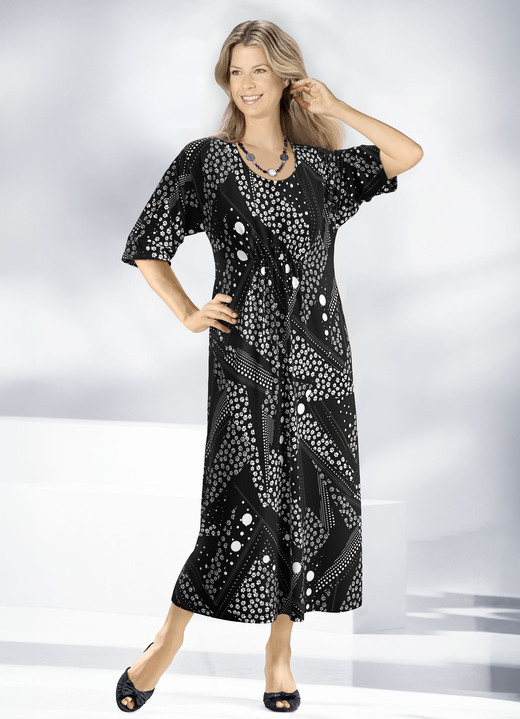 Hauskleider - Kaftan mit Pfötchen-Print, in Größe 038 bis 062, in Farbe SCHWARZ-WEISS