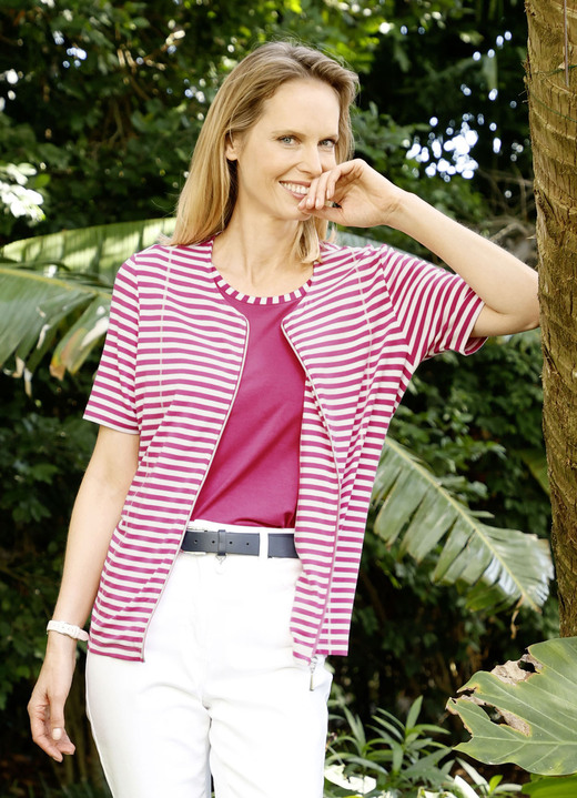Damenmode - Shirtjacke mit garngefärbtem Ringeldessin, in Größe 038 bis 046, in Farbe FUCHSIA-WEISS Ansicht 1
