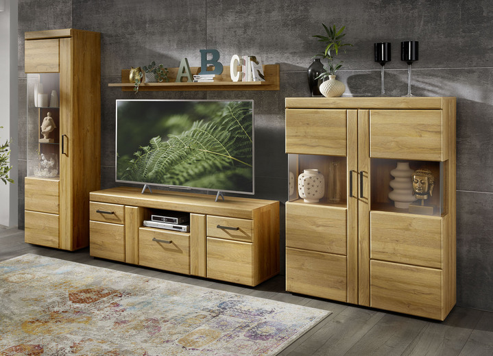 Wohnwände - Wohnwand mit Türen und Schubladen mit Softclose, in Farbe EICHE HELL, in Ausführung Wohnwand, klein, Vitrine, 1-türig, Türanschlag links Ansicht 2