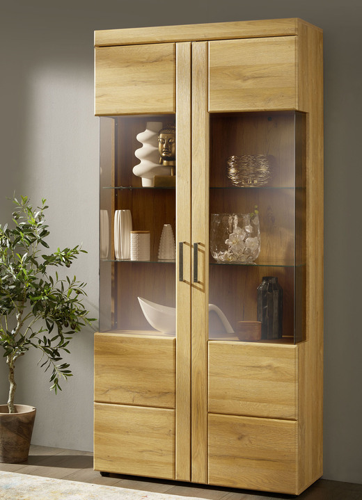 Vitrinen & Highboards - Vitrinenserie mit Türen und Schubladen mit Softclose, in Farbe EICHE HELL, in Ausführung 2-türig, hoch Ansicht 1