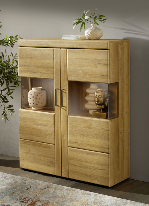 Vitrinen & Highboards - Vitrinenserie mit Türen und Schubladen mit Softclose, in Farbe EICHE HELL, in Ausführung 2-türig, niedrig Ansicht 1