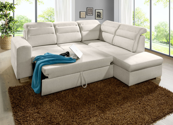 Funktions-Polstermöbel - Polstermöbel mit Bettfunktion und Bettkasten, in Farbe CREME, in Ausführung Polsterecke mit Longchair, 260x155 cm Ansicht 2