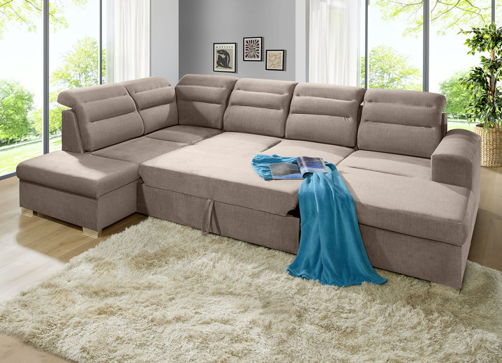 Funktions-Polstermöbel - Polstermöbel mit Bettfunktion und Bettkasten, in Farbe CREME, in Ausführung Polsterecke mit Longchair, 260x155 cm Ansicht 5
