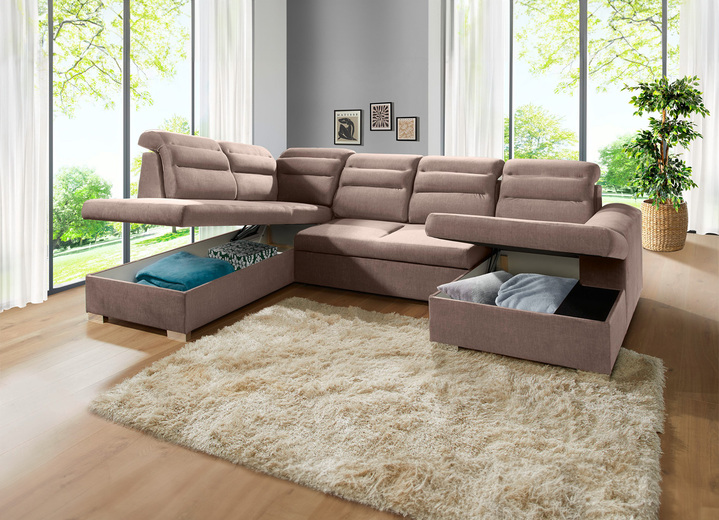 Funktions-Polstermöbel - Polstermöbel mit Bettfunktion und Bettkasten, in Farbe CREME, in Ausführung Polsterecke mit Longchair, 260x155 cm Ansicht 6