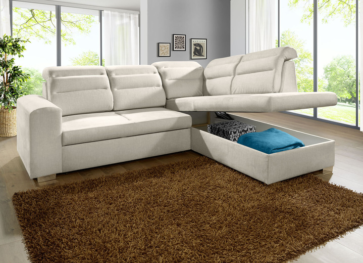 Funktions-Polstermöbel - Polstermöbel mit Bettfunktion und Bettkasten, in Farbe CREME, in Ausführung Polsterecke mit Longchair, 260x155 cm Ansicht 3