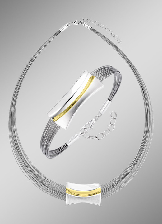 Halsketten & Armbänder - Moderne Garnitur in Bicolor aus Silber 925/- fein und Stahl Ansicht 3 Halsketten & Armbänder - Moderne Garnitur in Bicolor aus Silber 925/- fein und Stahl, in Farbe , in Ausführung Armband Ansicht 3