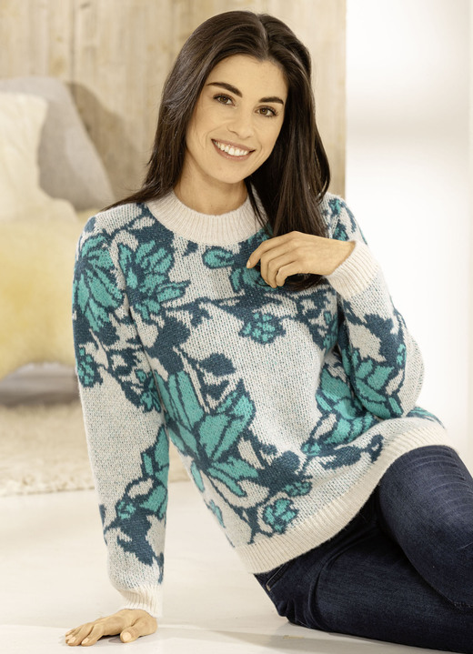 Pullover - Pullover in Jacquard-Dessin, in Größe 036 bis 050, in Farbe CREME-PETROL-AQUA Ansicht 3