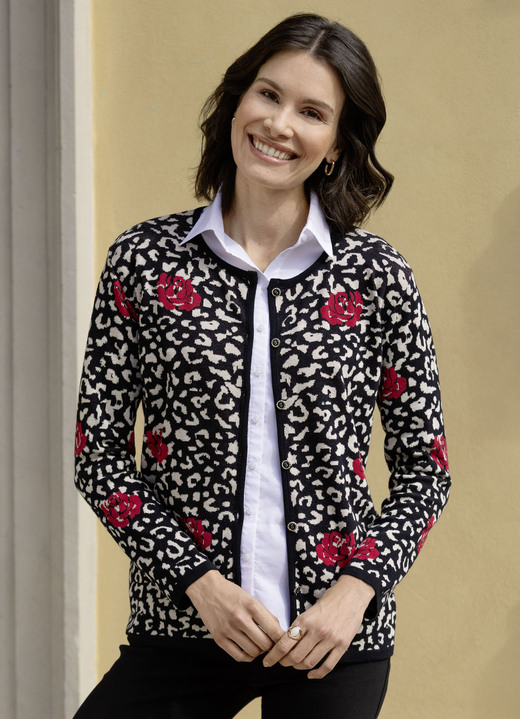 Jacken, Westen & Sets - Strickjacke in Jacquard-Dessin, in Größe 036 bis 052, in Farbe SCHWARZ-BEIGE-ROT Ansicht 3